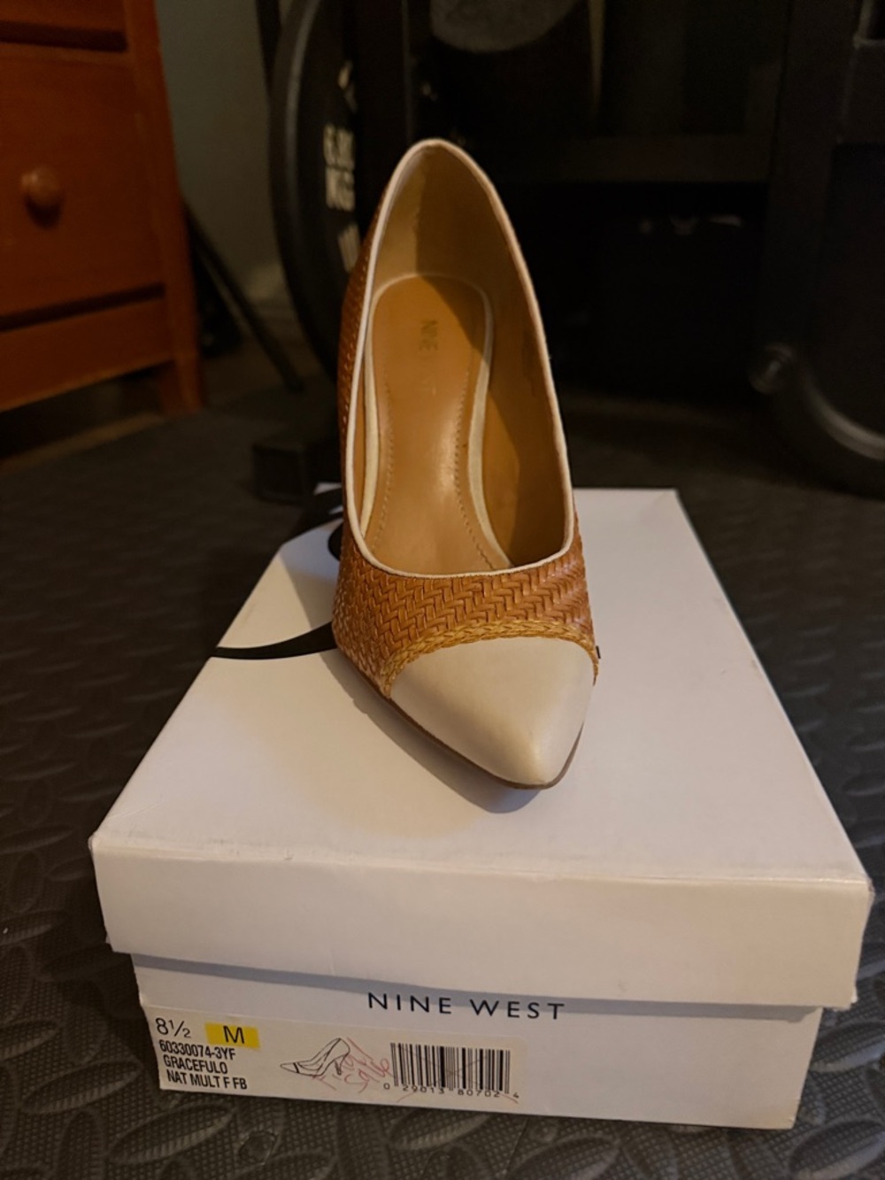 Nine West Two-Tone Pointed Toe Pump in Brown and Cream